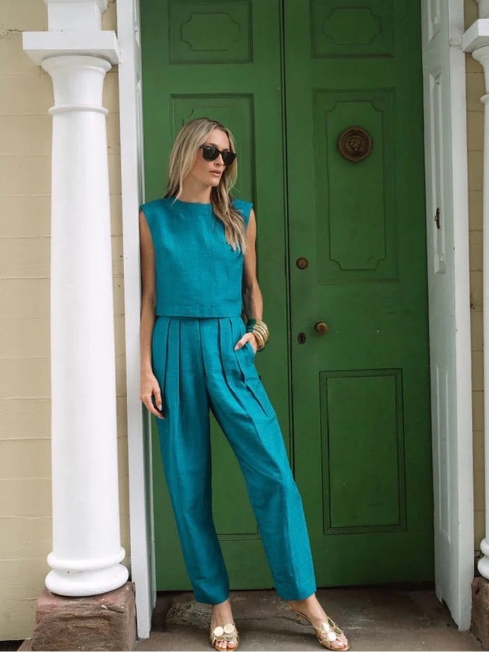 Julia Amory Deco Silk Pants Deep Teal Green Peacock Blue Trousers Size Small